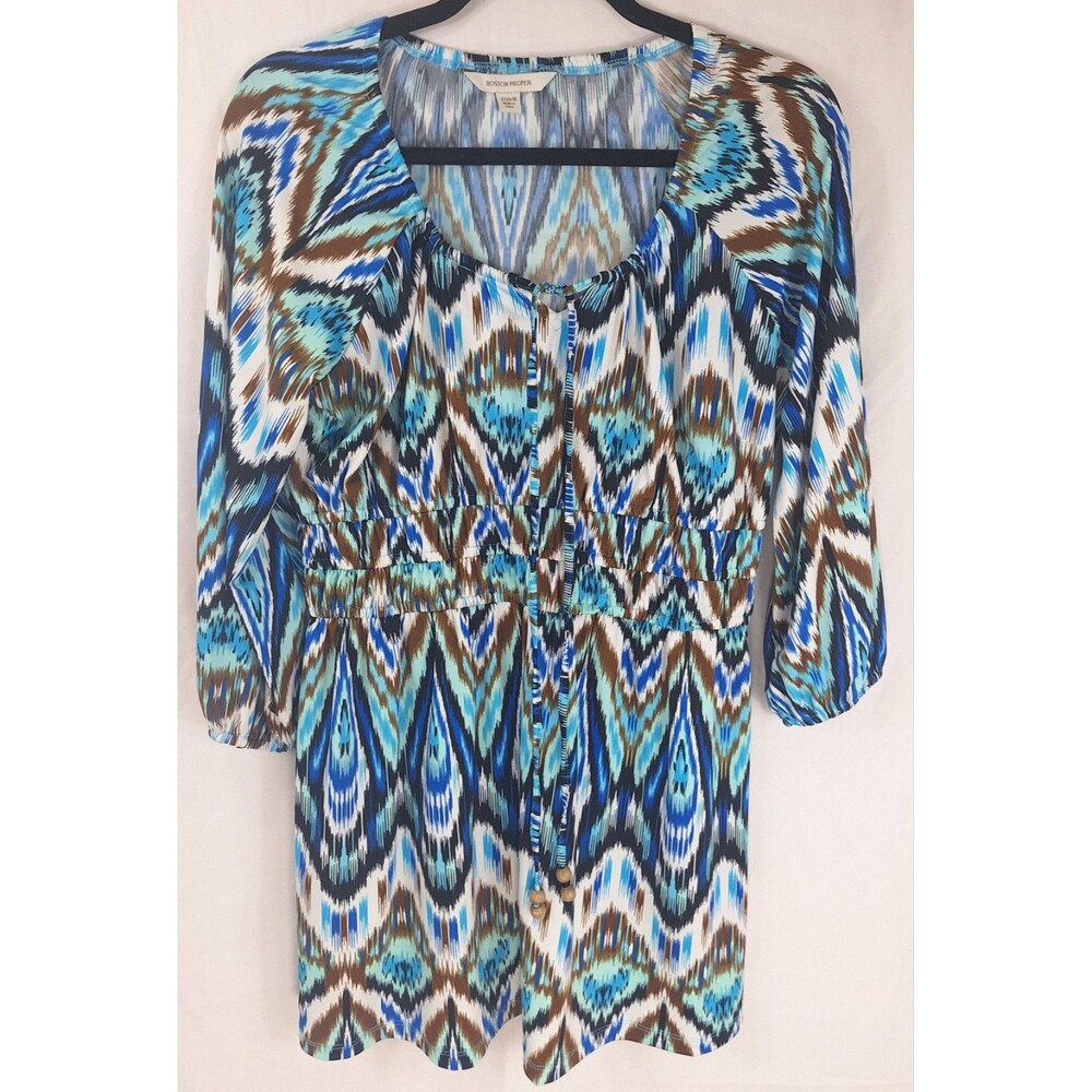 Boston Prope Blue Ikat Geometric Tunic Top Smocked Waist Medium Wood Bead